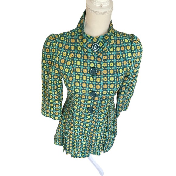 NWT Tulle Womens Geometric Print Dress Coat Pleated 3/4 Sleeve Size S Green - Picture 2 of 12